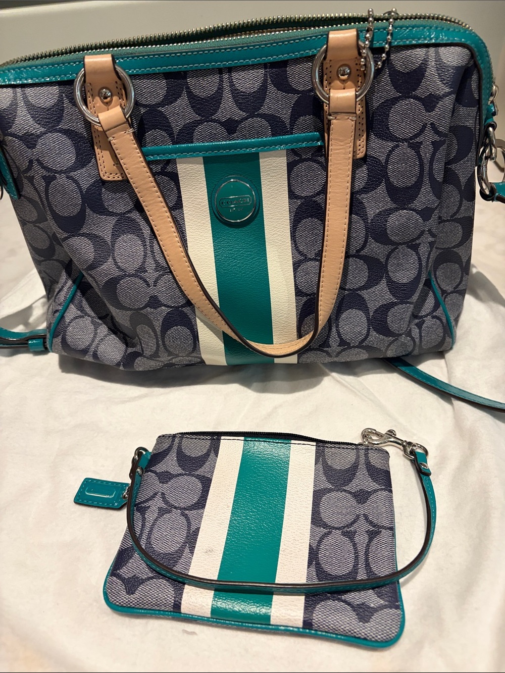 Coach Navy Signature Canvas Tote with Teal & cream Stripe- w/ matching wristlet